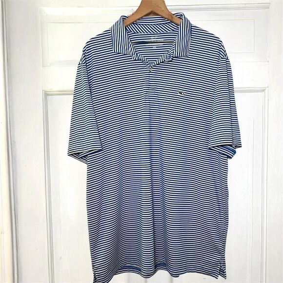 Vineyard Vines Performance Polo Shirt Mens XXL Blue White Stripe Golf Whale Logo - Picture 4 of 7